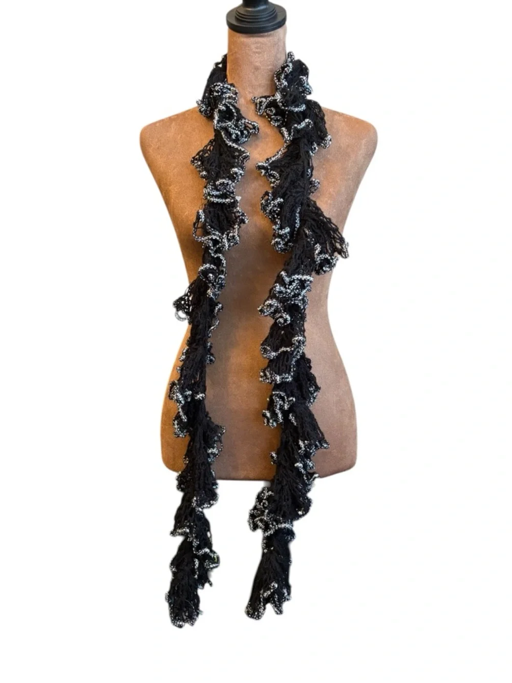 Black Silver Trim‎ Twisted Crochet Ruffled Scarf Long 66” Boho Boutique Preppy